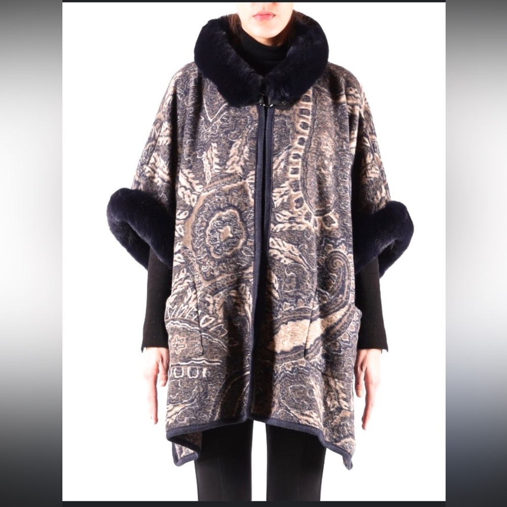 Moccine Faux Fur Trim Poncho Cape Wrap Paisley Knit One Size